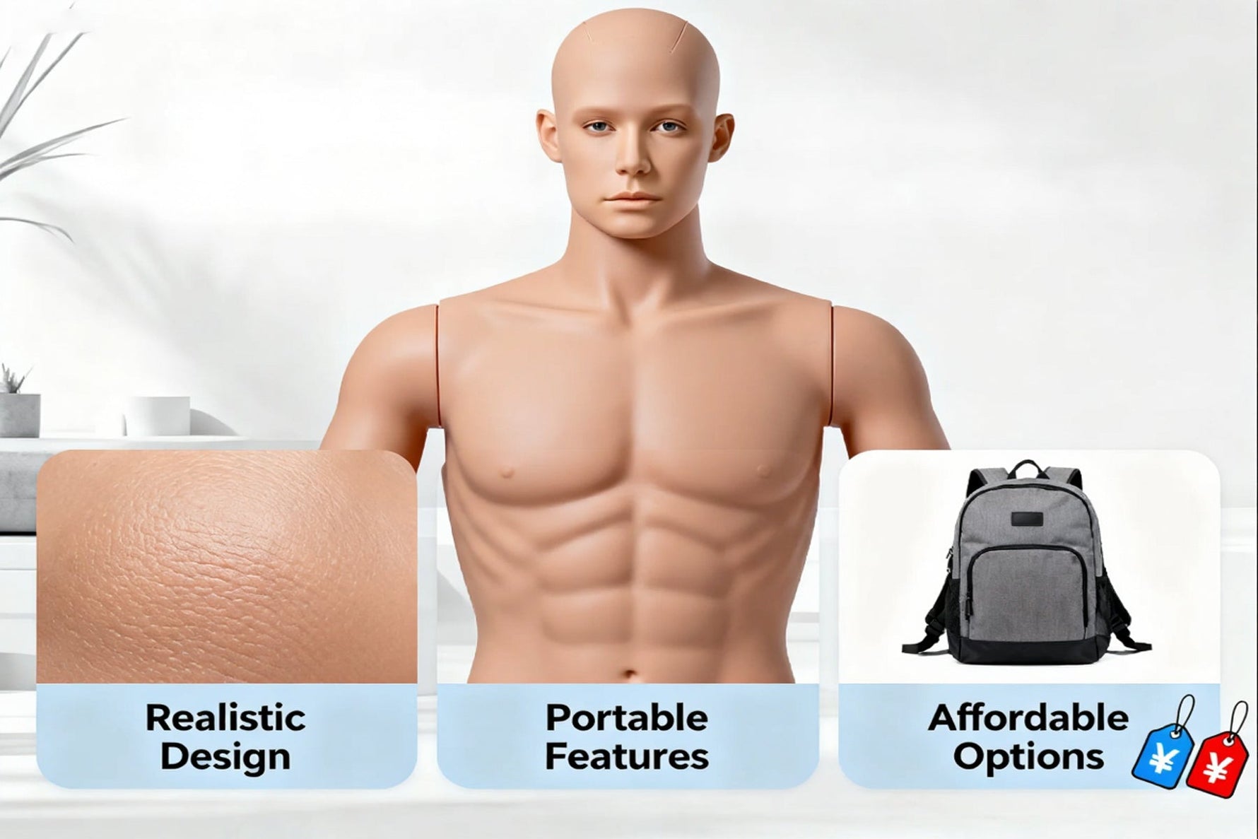 Male torso sex doll with realistic design, soft body curves, and dual channels