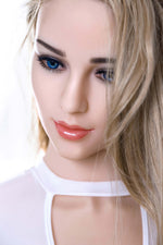 Close-up detail of realistic face on blonde silicone companion doll